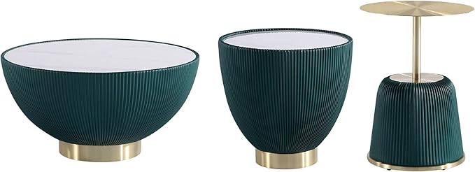 Manhattan Comfort Modern Anderson Coffee Table, 1.0 & 2.0 End Table, Upholstered in Green Leatherette with Ceramic Faux Tabletop and Gold Metal Tabletop- Set of 3