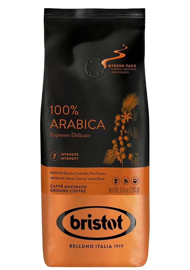 Bristot 100% Arabica Ground Coffee – Italian Espresso Delicato – Medium Roast – Ground Coffee for Moka Pot, French Press & Pour Over – 8.8oz (250g)