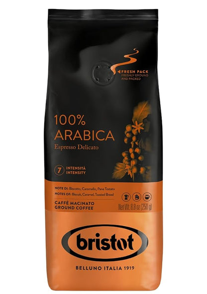 Bristot 100% Arabica Ground Coffee – Italian Espresso Delicato – Medium Roast – Ground Coffee for Moka Pot, French Press & Pour Over – 8.8oz (250g)