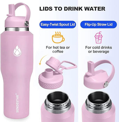 SENDESTAR SENDESTAR 40oz Stainless Steel Water Bottle(Cold for 48 Hrs, Hot for 24 Hrs),Double Wall Vacuum Insulated Bottle with Straw Lid, Spout Lid and Flex Cap, Fit in Any Car Cup Holder