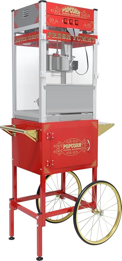 Popcorn Machine with Cart, 22oz Commercial Popcorn Maker Machine with Stainless Steel Kettle, Reject Kernel Tray, Warming Light and Steel Frame Tempered Glass Doors