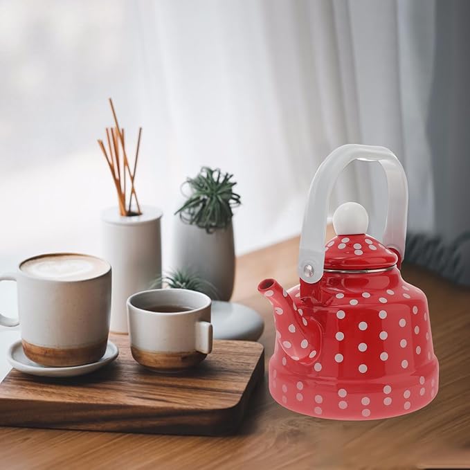DOITOOL Vintage Tea Kettle 1.1 L Enamel Tea Kettle with Handle, Stove Top Water Kettle Coffee Tea and White Polka Dot with Stainless Steel Filter for Home Kitchen