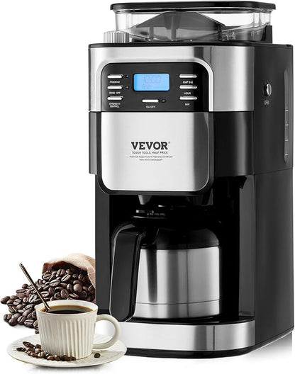 VEVOR Coffee Maker with Grinder, 8 Cup Coffee Machine, Grind and Brew Coffee Maker with 3 Brew Strength Control, 24-Hour Timer for Auto Brew, for Home Office Restaurant