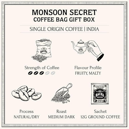 Bacha Coffee | Monsoon Secret India Single Origin, 100% Arabica Specialty Coffee Beans, Medium Dark Roast, x12 Individually Wrapped Single Serve Filter Bags