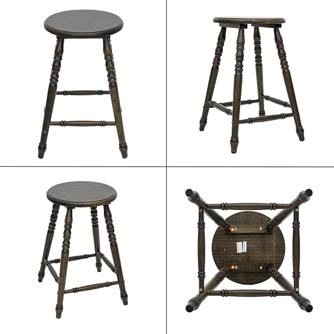 chairus 24" Backless Counter Height Bar Stools Set of 4, Farmhouse Wooden Counter Stools with Round Seat & Turned Legs, Rustic Vintage Colonial Short Bar Chairs for Kitchen Island, Antique Brown