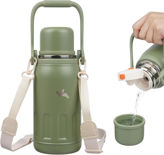 Insulated Water Bottle with Handle and Strap,Vacuum Travel Tumbler with Cup Lid,Thermo Coffee Cup for Hot Cold Drinks 27 OZ,Army Green