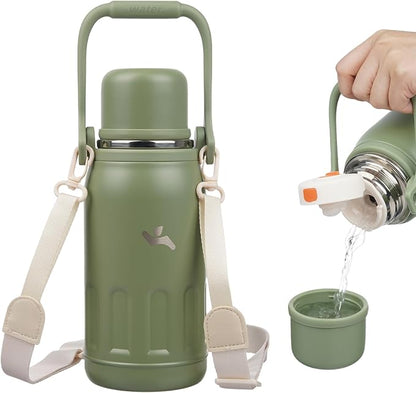 Insulated Water Bottle with Handle and Strap,Vacuum Travel Tumbler with Cup Lid,Thermo Coffee Cup for Hot Cold Drinks 27 OZ,Army Green