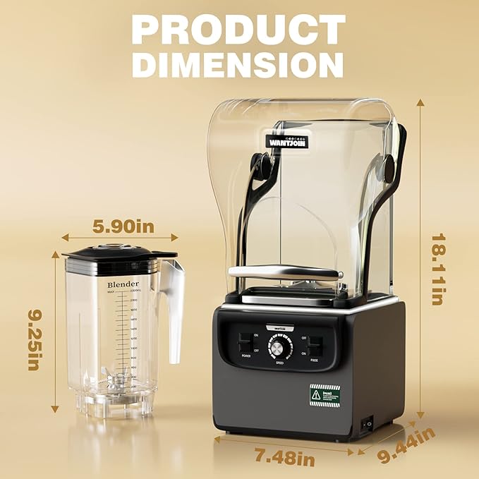 Wantjoin Commercial Quiet Blender for Kitchen, Smoothie Protein Shake Licuadora, Countertop Professional Electric Food Machine for Puree, Milkshake, Juice, Drink and Ice with Silent Cover 2200ml 1800W