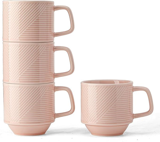 Stackable Coffee Mugs Set: 13 oz Ceramic Stacking Cups for Cappuccino Latte Tea - Microwave Safe Mug for Home & Office - 4 PCS, Pink