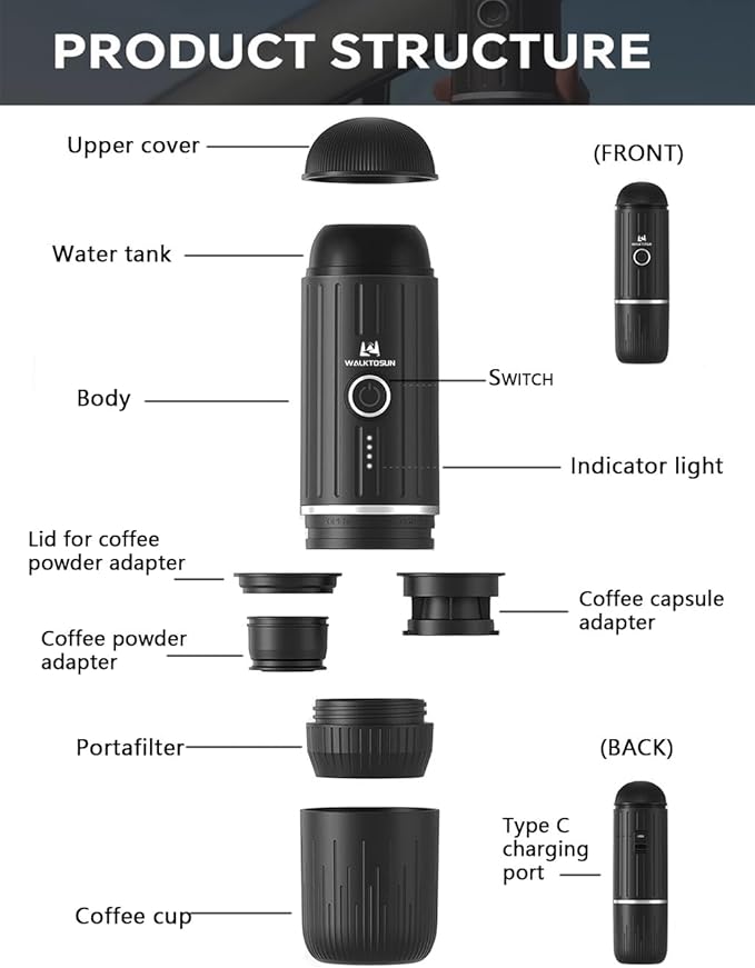 Portable Espresso Coffee Maker Electric Expresso Maker Self Heating Battery Powered, 19 Bar Pressure, Coffee Machine with Ground Coffee & NS Capsule for Travel,Outdoors，Camping,RV,Hiking,Office(Black)