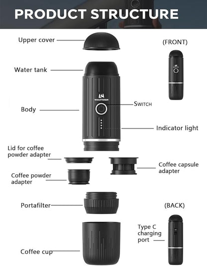 Portable Espresso Coffee Maker Electric Expresso Maker Self Heating Battery Powered, 19 Bar Pressure, Coffee Machine with Ground Coffee & NS Capsule for Travel,Outdoors，Camping,RV,Hiking,Office(Black)