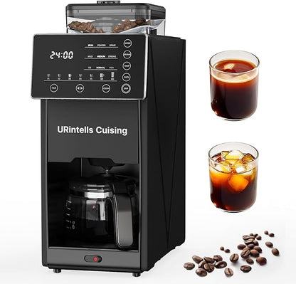 Coffee Maker with Grinder, Programmable Hot and Cold Coffee Maker with 22 oz Glass Carafe, Fully Automatic Coffee Machine with Timer, Removable Filter, Black Americano Coffee Machine
