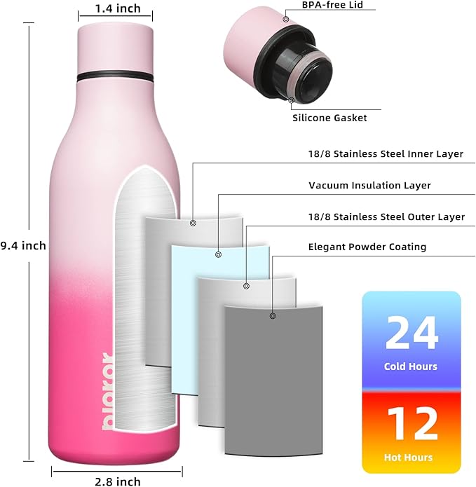 BJPKPK Insulated Water Bottles, 18 oz Stainless Steel Metal Water Bottle with Strap, BPA Free Leak Proof Jugs, Mugs, Flasks, Reusable Thermal Flasks for Sports & Travel, Cherry