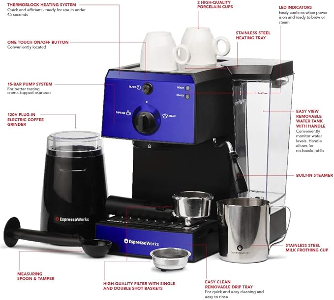EspressoWorks All-In-One Espresso Machine 7-Piece Set - Latte Maker Includes Grinder, Frothing Pitcher, Cups, Spoon and Tamper - Coffee Gifts (Blue)