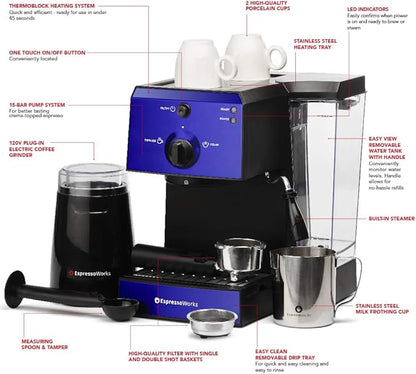 EspressoWorks All-In-One Espresso Machine 7-Piece Set - Latte Maker Includes Grinder, Frothing Pitcher, Cups, Spoon and Tamper - Coffee Gifts (Blue)