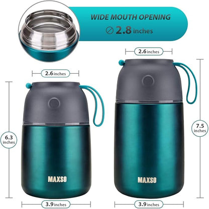 MAXSO 2 Pack Soup Thermo for Hot & Cold Food for Kids Adults, Vacuum Insulated Food Jar Thermal Lunch Containers, Travel Food Flask with Spoon (24 oz,17 oz) (Matte Green)