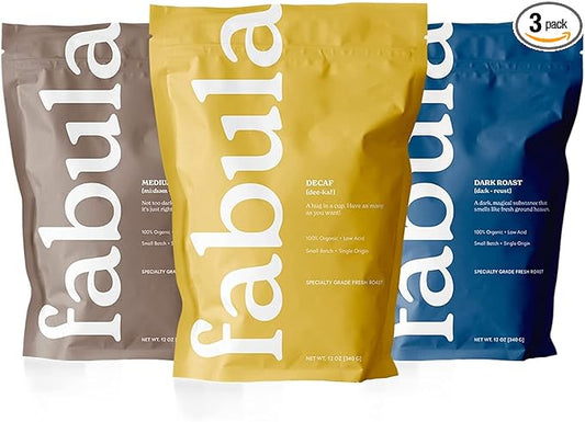 Fabula Coffee Variety Pack - Medium, Decaf, Dark, Whole Beans - 3 bags (12 oz. each)