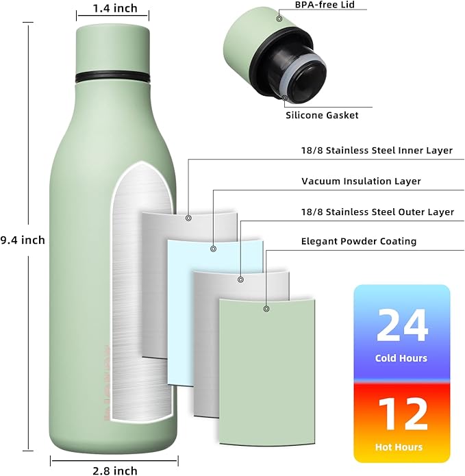 BJPKPK Insulated Water Bottles, 18 oz Stainless Steel Metal Water Bottle with Strap, BPA Free Leak Proof Jugs, Mugs, Flasks, Reusable Thermal Flasks for Sports & Travel, Macaron Green