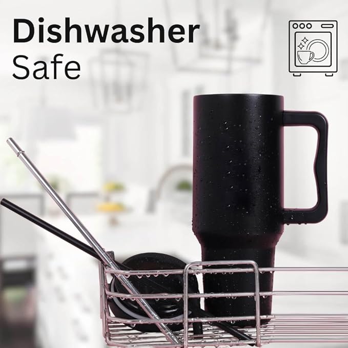 40oz Black Stainless Steel Tumbler with Handle & Straw Lid – Insulated Travel Mug for Hot & Cold Drinks – Gift for Men & Women – Durable Leak-Proof Reusable Cup, Cupholder Friendly