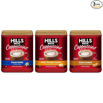 Hills Bros. Cappuccino Mix – Rich, Frothy Coffeehouse-Tasting Instant Drink Mix – Quick and Easy Preparation – Perfect for Hot & Iced Drinks & Creaming Coffee – Rich Variety Pack, 3 Packs of 16oz
