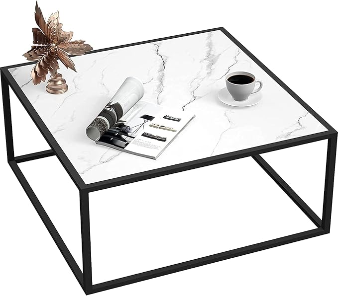 SAYGOER White Coffee Table,Small Square Coffee Table,Modern Center Table for Living Room Office 27.6 * 27.6 * 15.7 Inch, Easy Assembly, White Faux Marble Top