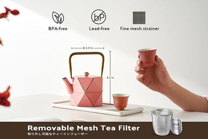 Toptier Cast Iron Teapot, Stovetop Safe Japanese Cast Iron Tea Kettle, Diamond Design Tea Pot with Removable Infuser for Loose Tea, 40 Ounce (1200 ml), Pink