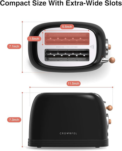 CROWNFUL 2-Slice Toaster, Extra Wide Slots Toaster, Retro Stainless Steel with Bagel, Cancel, Defrost, Reheat Function and 6-Shade Settings, Removal Crumb Tray, Black