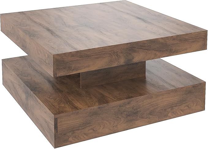 LED Coffee Table for Living Room, Living Room Table 2-Tier Square Middle Center Table, Modern Coffee Tables with Storage, Contemporary Wood Tea Tables for Dining Reception, Rustic