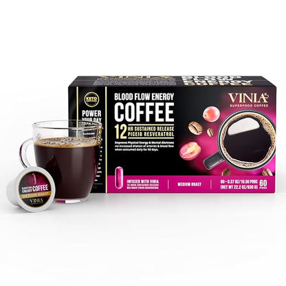 VINIA Blood Flow Energy Coffee Pods - Medium Roast Infused with Red Grape Piceid Resveratrol for Physical Energy & Mental Alertness, K Cup Compatible Superfood Coffee, Full-Bodied, 60 Count.