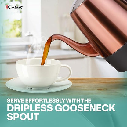 Euro Cuisine PER04 Stainless Steel Electric Coffee Percolator, 4 Cup, Polished Copper Finish, Dripless Gooseneck Spout, Clear Glass Knob, Brewing Indication, Keep-Warm Function, Detachable Cord