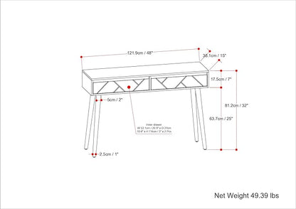 SIMPLIHOME Jager Console Table - 48 Inch Wide Solid Mango Wood Sofa Table in Natural, Mid-Century Modern Storage Table for Entryway or Living Room with 2 Drawers, Brass Inlay, and Gold Metal Legs
