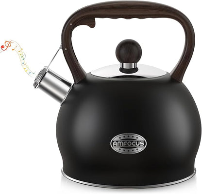 Tea Kettle Whistling Teapot for Stovetop : 2.64 Quart Food Grade Stainless Steel Tea Pot with Ergonomic Handle, Loud Whistle Camping Kettle for Tea, Coffee, Milk - Black