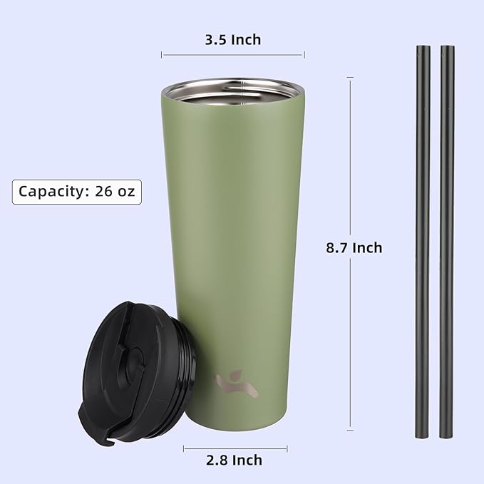 26 OZ Insulated Tumbler with Lid and 2 Straws Stainless Steel Water Bottle Vacuum Travel Mug Coffee Cup,ArmyGreen