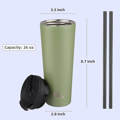 26 OZ Insulated Tumbler with Lid and 2 Straws Stainless Steel Water Bottle Vacuum Travel Mug Coffee Cup,ArmyGreen