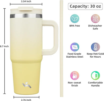 30 oz Tumbler with Handle and 2 Straws,2 in 1 Lid Insulated Water Bottle Stainless Steel Travel Coffee Mug,Lemon