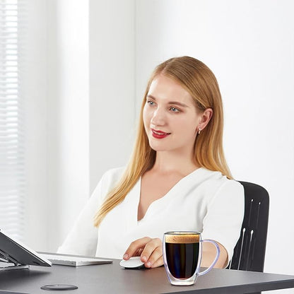 Double Walled Glass Coffee Mugs 12 OZ, Set of 2 Iridescent Glass Cups With Handle Perfect for Espresso, Cappuccino, Latte, Americano, Tea Bag, Beverage