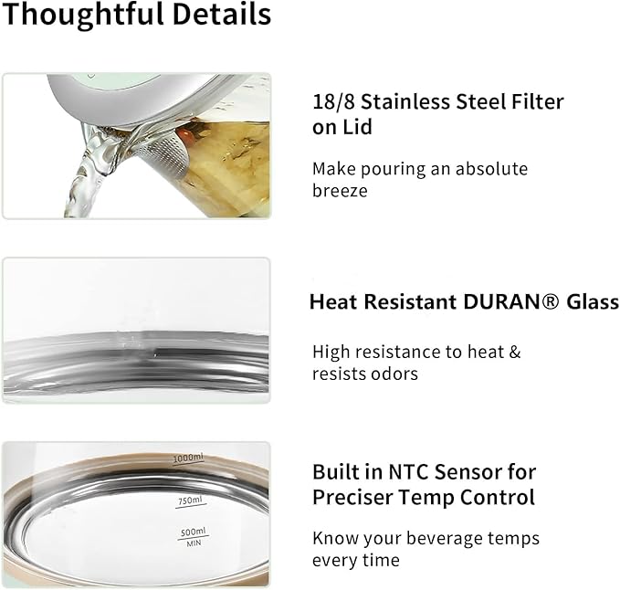 BUYDEEM Health Pot K2763 Lite, Glass Electric Kettle for Tea & Coffee, Hot Water Boiler and Wamer with Stew Pot, Temperature Control, Green, 1.5L