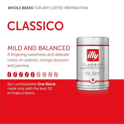Illy Whole Bean Coffee, Classico Medium Roast - Mild & Balanced - 100% Arabica - Whole Beans - Pressurized Packaging Sealed for Freshness - 8.8oz can (Pack of 6)
