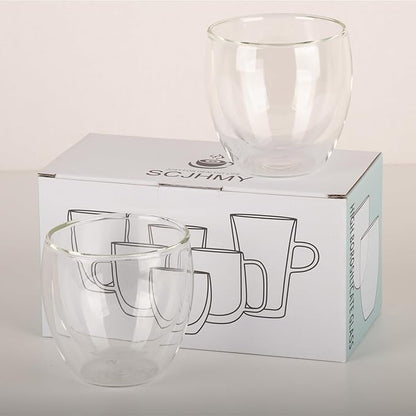 5.5oz Glass Coffee Mugs Set of 2, Double Walled Espresso Cups for Latte Cappuccino Cocoa Milk Cafe Juice, Clear Glass Tea Cup Set Glassware Gift for Christmas Birthday