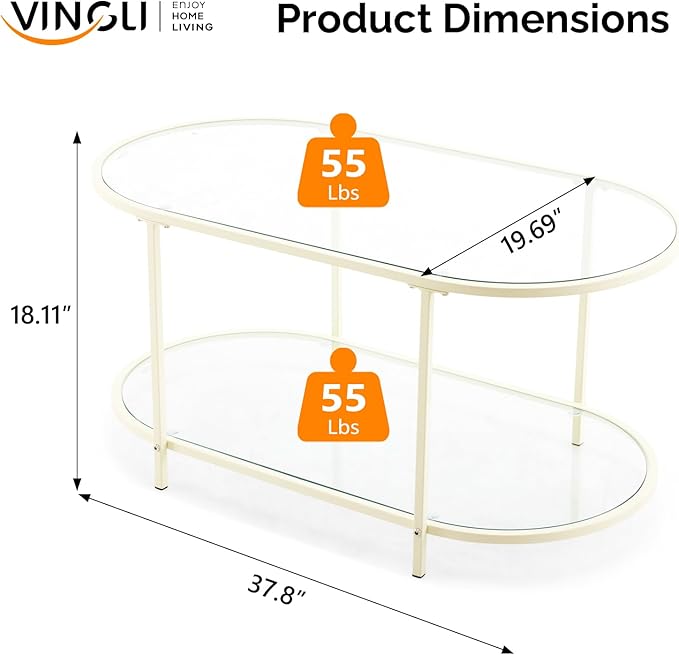 VINGLI 38" Glass Coffee Table, Oval Coffee Tables for Living Room, Small Coffe Table with 2-Tier Storage, Modern Center Table for Home Decor, Office, Small Space, Beige