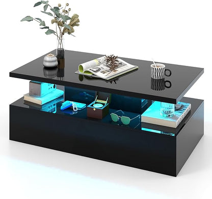 Tangkula LED Coffee Table, Modern High Gloss Coffee Table w/ 20-Color LED Lights, Adjustable Speed & Brightness, Remote Control, Open Shelf, 2-Tier Rectangle Living Room Center Table (Black)