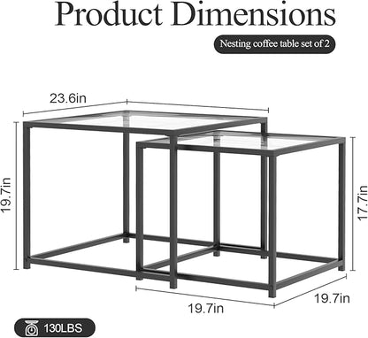 Glass Nesting Coffee Table Set of 2, Modern Minimalist Center Tables, Living Room Coffee Tables for Home, Office, Bedroom, Small Spaces, Space-Saving, Black
