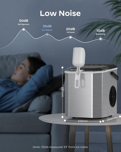 Silonn Ice Maker Countertop, Stainless Steel Portable Ice Machine with Carry Handle, Self-Cleaning Ice Makers with Basket and Scoop, 9 Cubes in 6 Mins, 26 lbs per Day