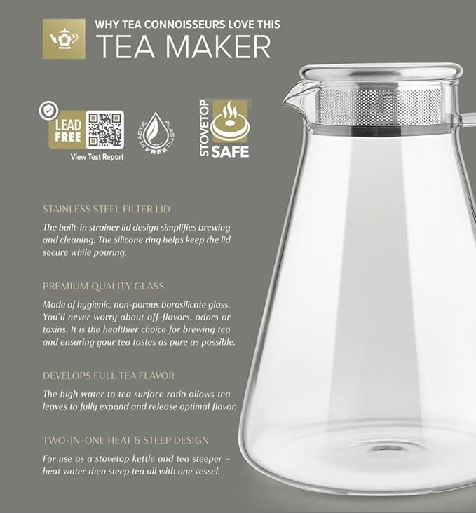 Teabloom One-Touch Tea Maker, 2-in-1 Teapot and Kettle with Stainless Steel Filter Lid for Loose Tea – Stain-free Borosilicate Glass Teapot (56 Oz) – Tea Connoisseur's Choice