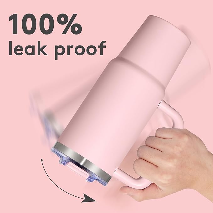 30 oz Tumbler with Handle, Tumbler with Lid and Straw, Double Wall Vacuum Insulated Travel Mug Stainless Steel Tumbler for Hot and Cold, Cupholder Friendly (Pink)