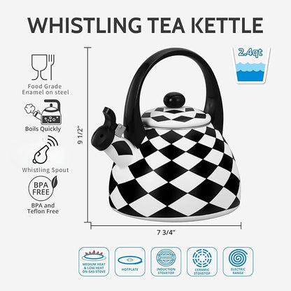 Whistling Tea Kettle for Stove Top Enamel on Steel Teakettle, Supreme Housewares Harlequin Pattern Tea Kettle Cute Kitchen Accessories Teteras (2.4 Quart, Black and White Diamond Check)
