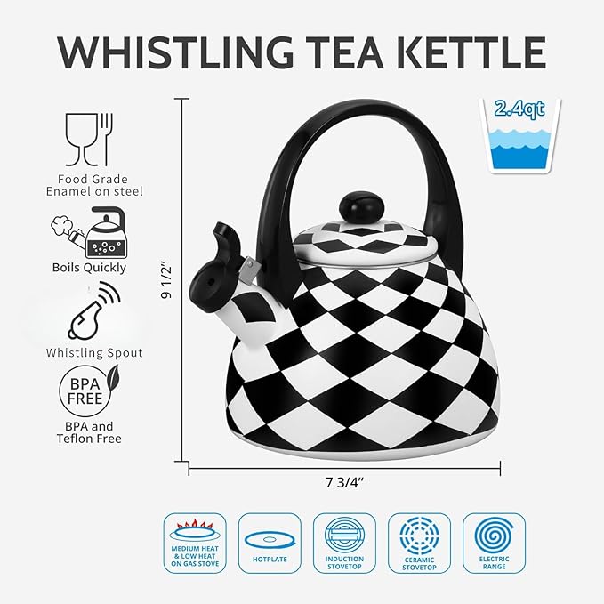 Whistling Tea Kettle for Stove Top Enamel on Steel Teakettle, Supreme Housewares Harlequin Pattern Tea Kettle Cute Kitchen Accessories Teteras (2.4 Quart, Black and White Diamond Check)