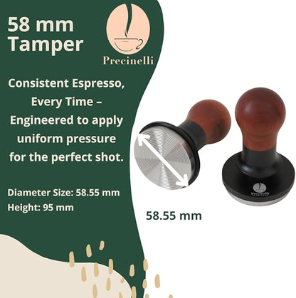 58mm Coffee Tamper, Stainless Steel Base, Wooden Handle – Professional Espresso Tool for Uniform Compression & Better Espresso Quality