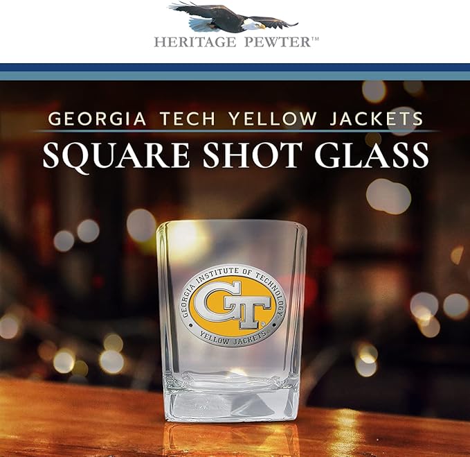 Heritage Pewter GT Square Shot Glass | Hand-Sculpted 1.5 Ounce Shot Glass | Intricately Crafted Metal Pewter Alma Mater Inlay