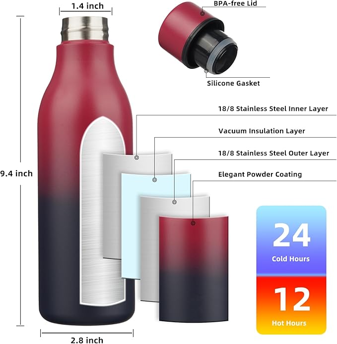 BJPKPK Insulated Water Bottles, 18 oz Stainless Steel Metal Water Bottle with Strap, BPA Free Leak Proof Jugs, Mugs, Flasks, Reusable Thermal Flasks for Sports & Travel,Charming Red